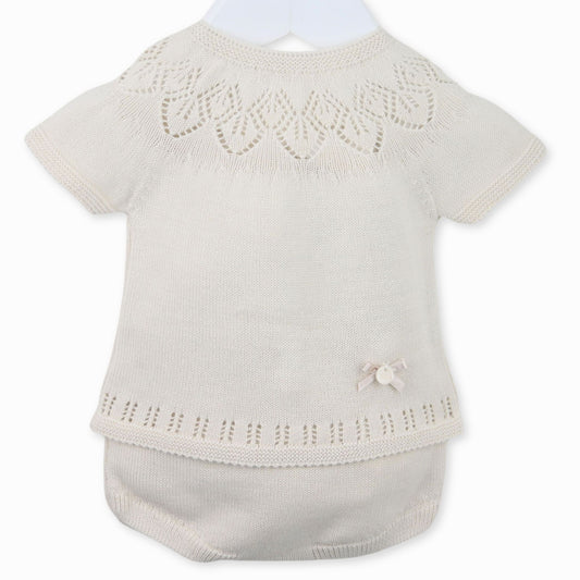 beige knitted baby girl outfit by pex