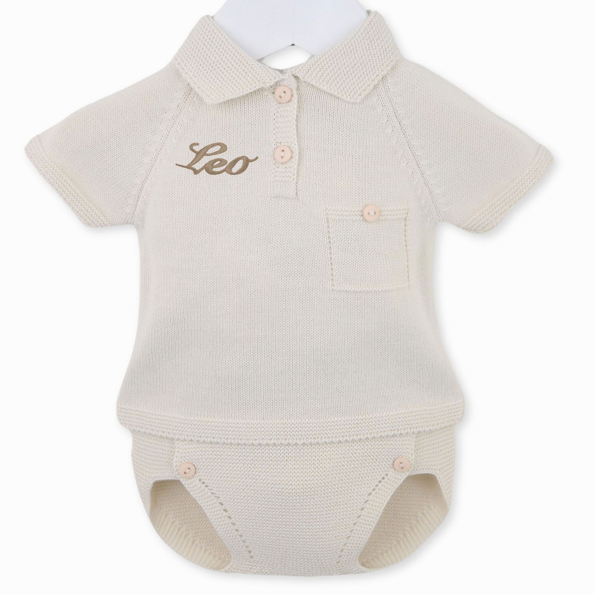 baby boys personalised beige two piece outfit