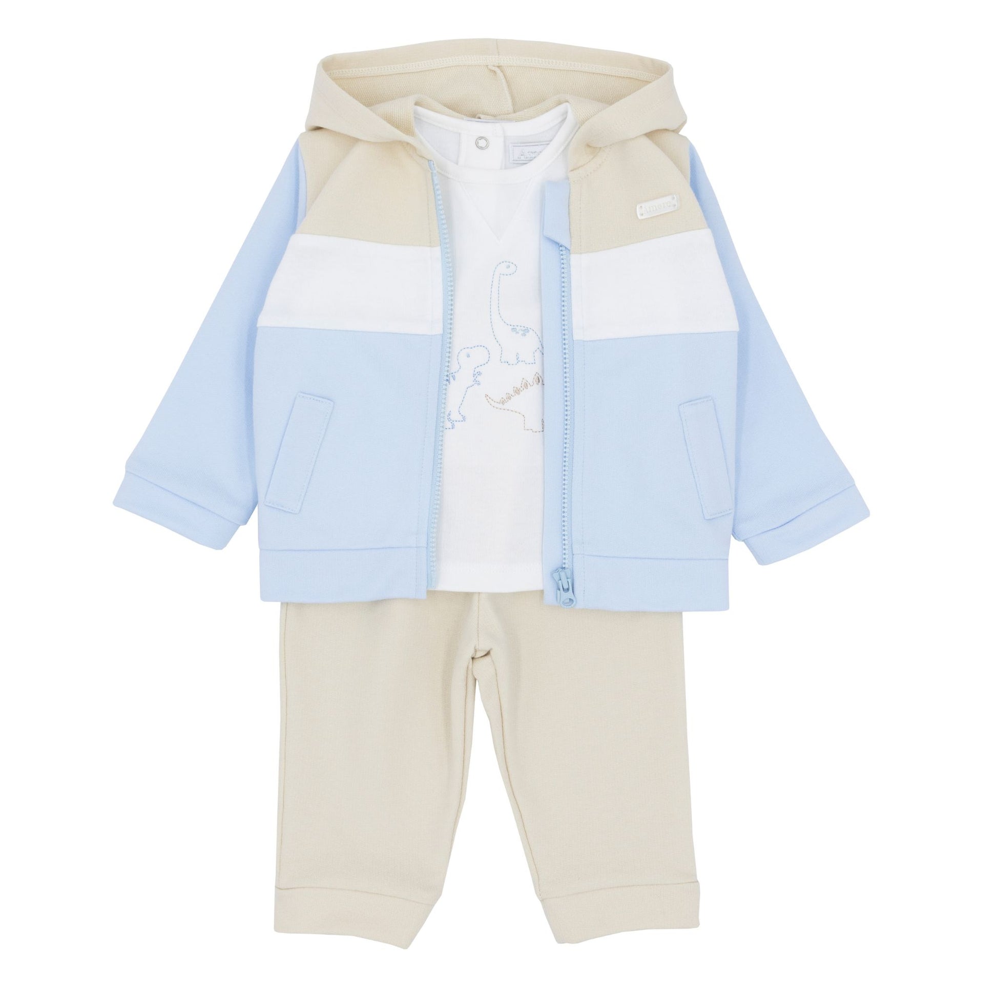 babys outfit with a striped jacket and pants on a white background