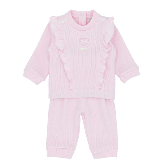 Pink baby outfit with long-sleeve top and pants on a white background