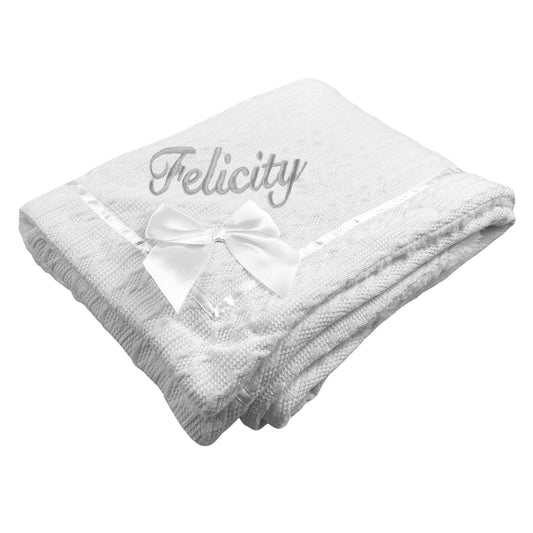 White Personalised Baby Blanket - Deluxe with Bow
