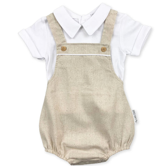 Baby Boy’s White Shirt & Beige Linen Romper with Wooden Buttons