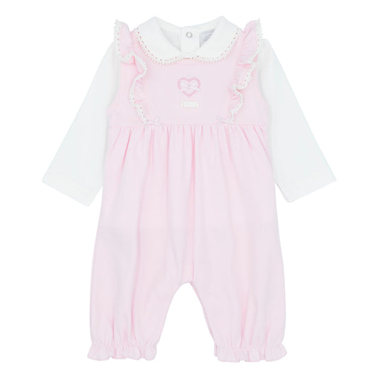 Pink baby romper with white collar on a white background