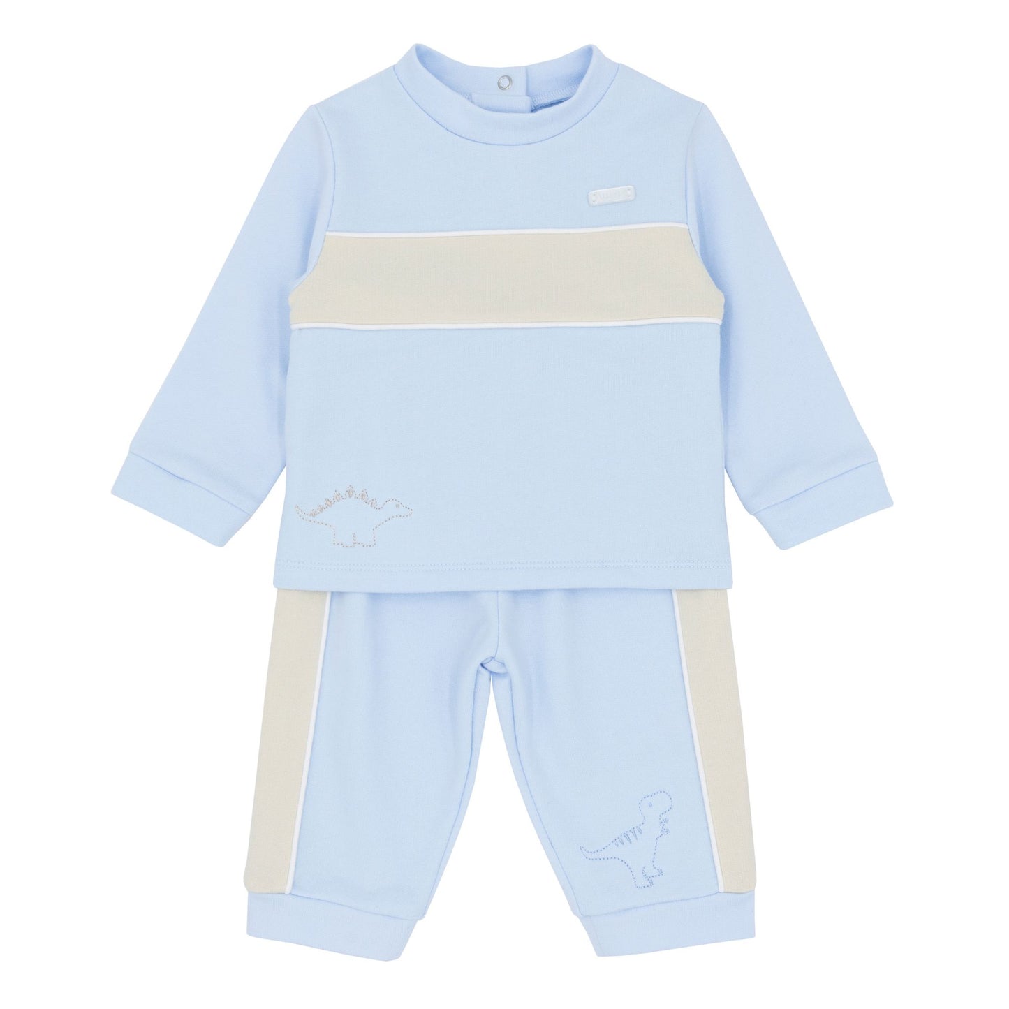 baby boys striped bklue and beige two piece outfit dinosaurs