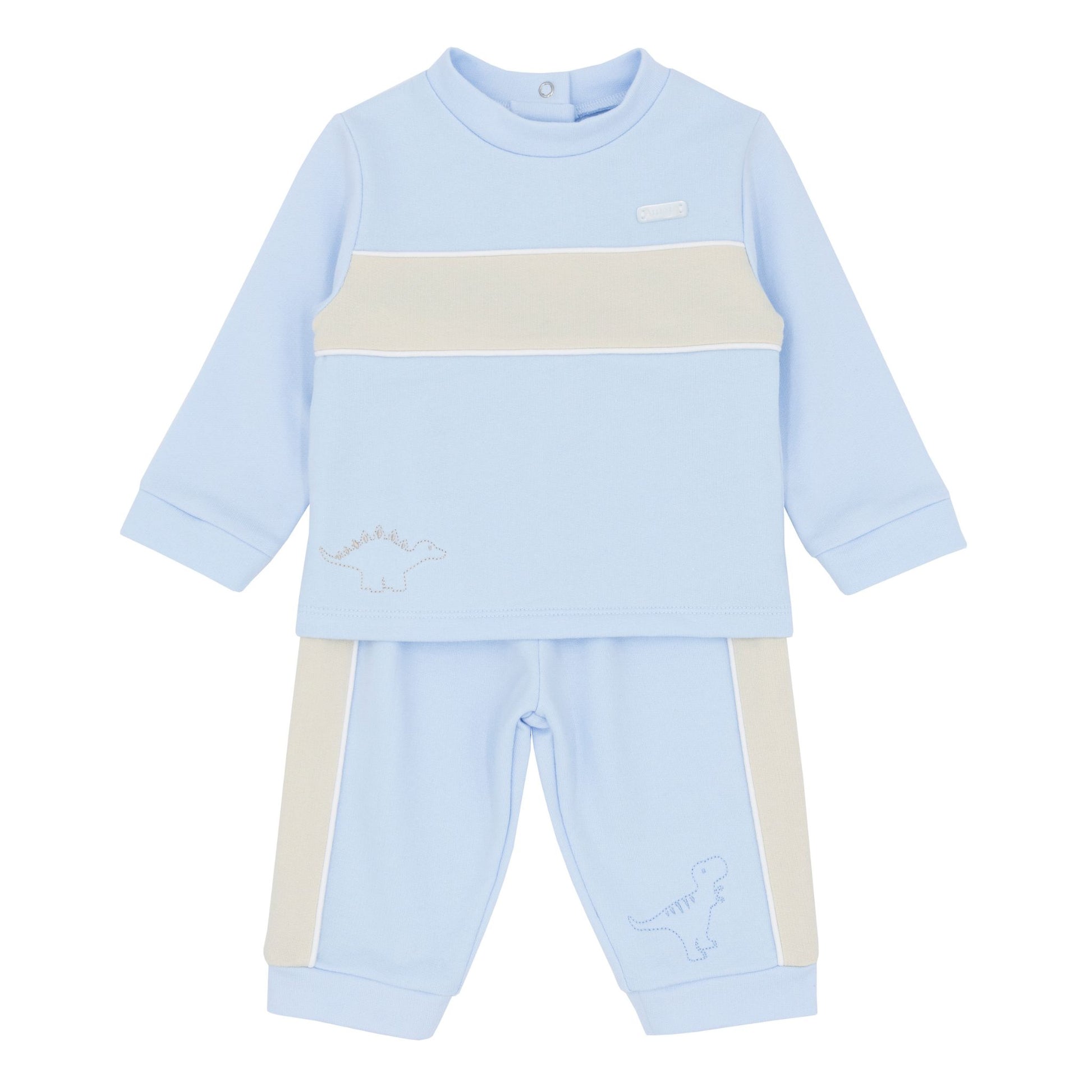 baby boys striped bklue and beige two piece outfit dinosaurs