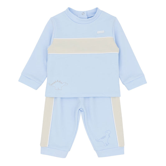 baby boys striped bklue and beige two piece outfit dinosaurs