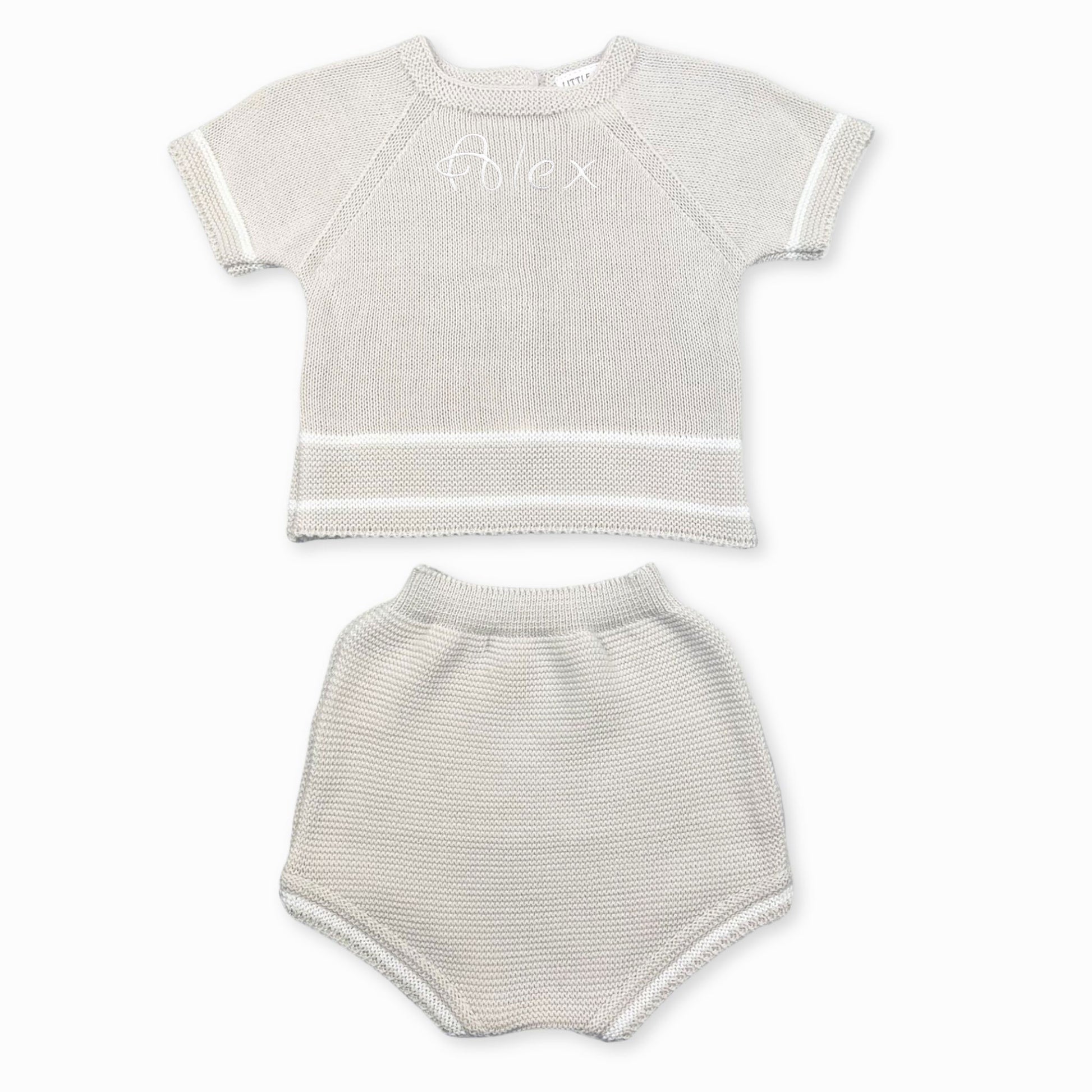 personalised baby boys two pice beige knitted summer outfit
