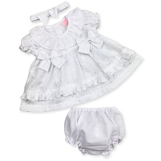 white baby girls three piece dress headband and pants