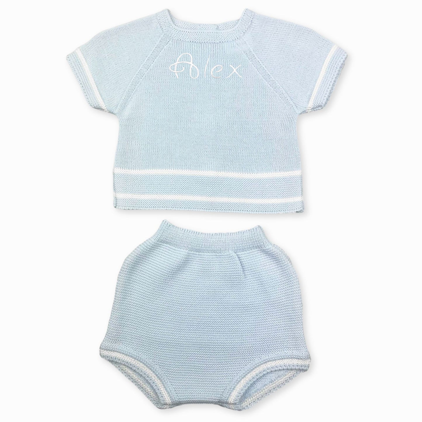 baby boys blue and white striped summer two piece personalised knitted outfit