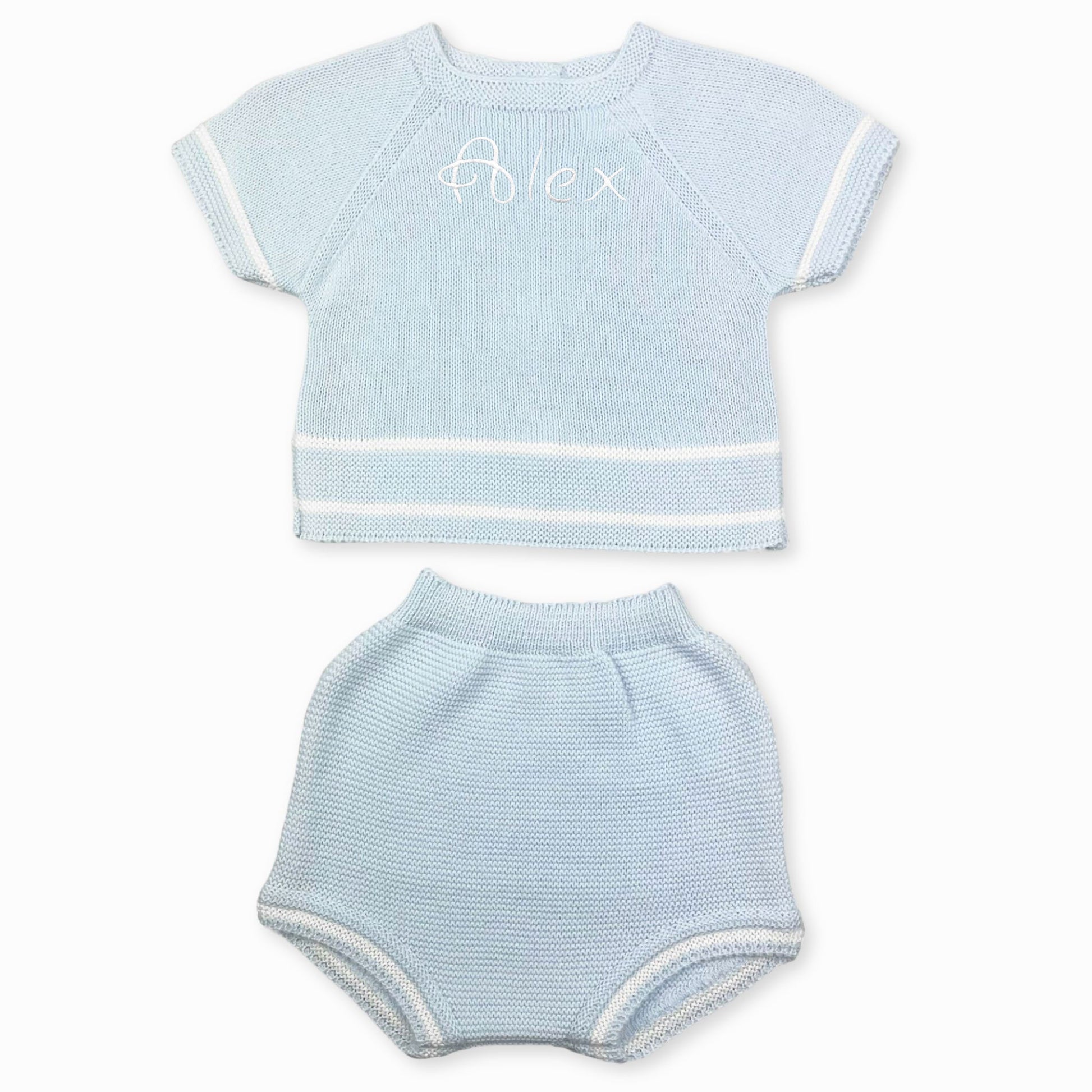 baby boys blue and white striped summer two piece personalised knitted outfit