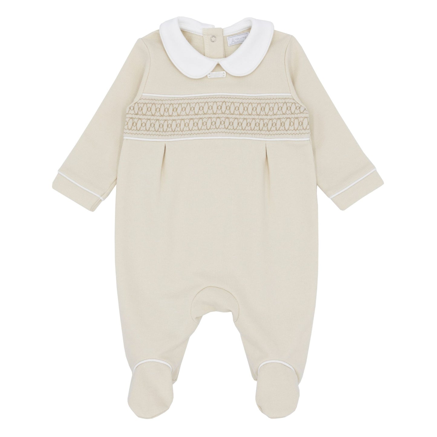 Beige baby romper with white collar on a white background