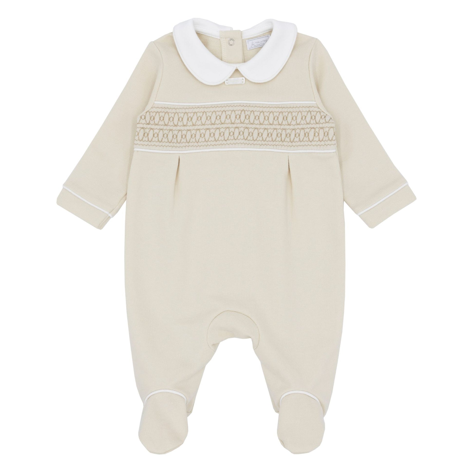 Beige baby romper with white collar on a white background