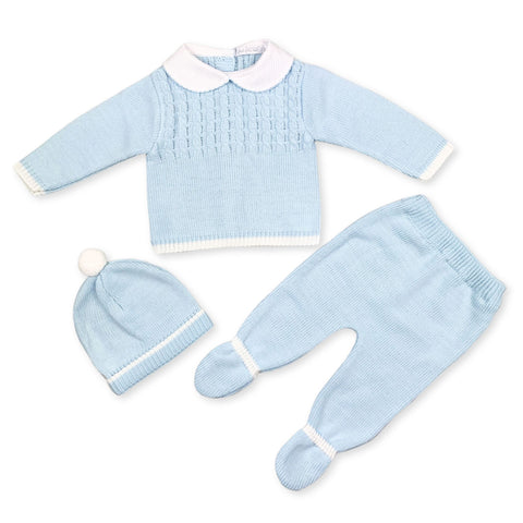 Baby Boys 3 Piece Knitted Outfit - Jumper, Bottoms and Hat
