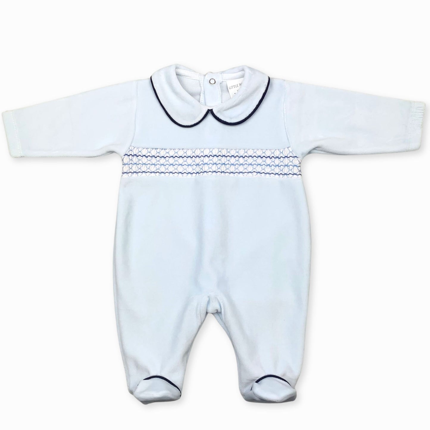 baby boy blue velour sleepsuit with smocking