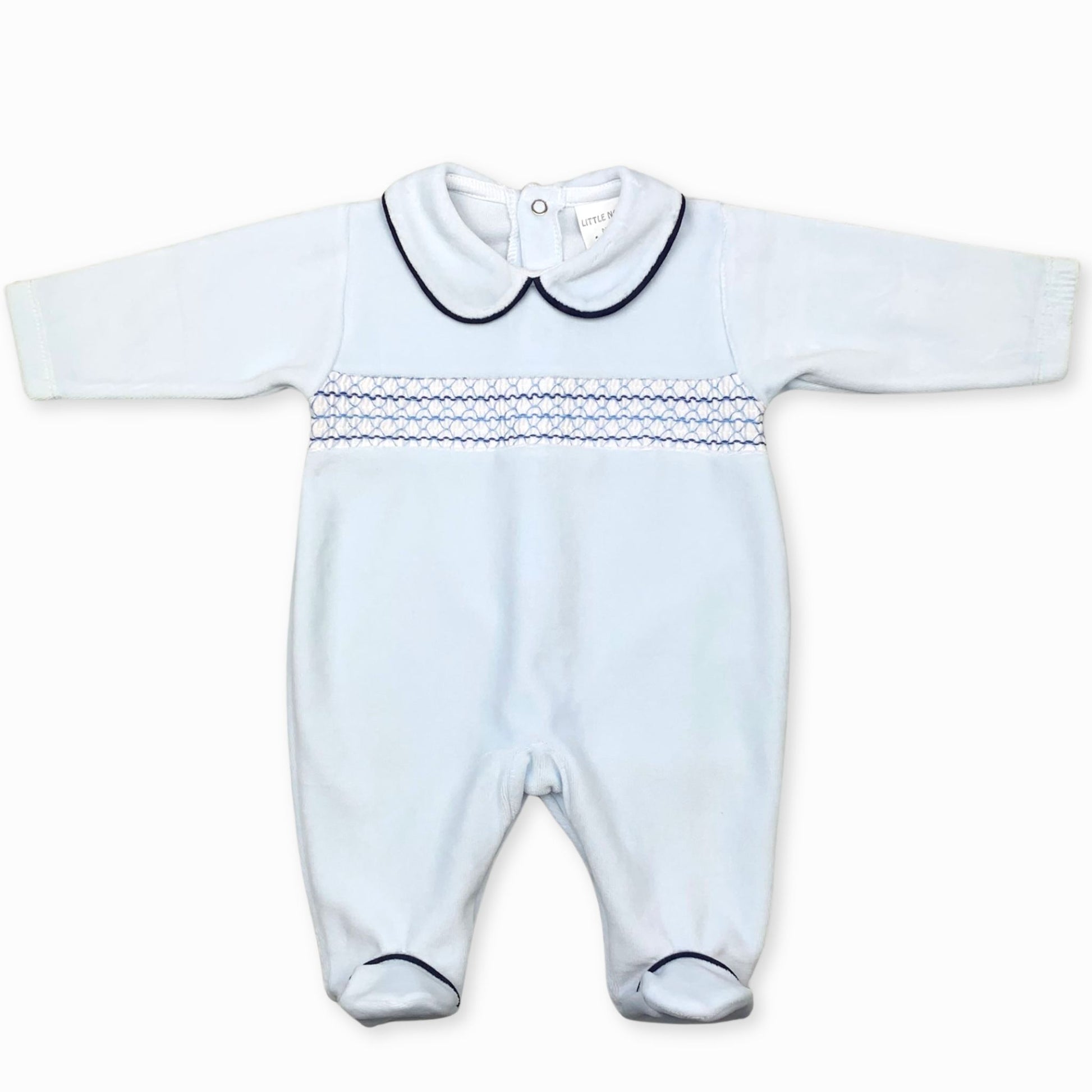 baby boy blue velour sleepsuit with smocking