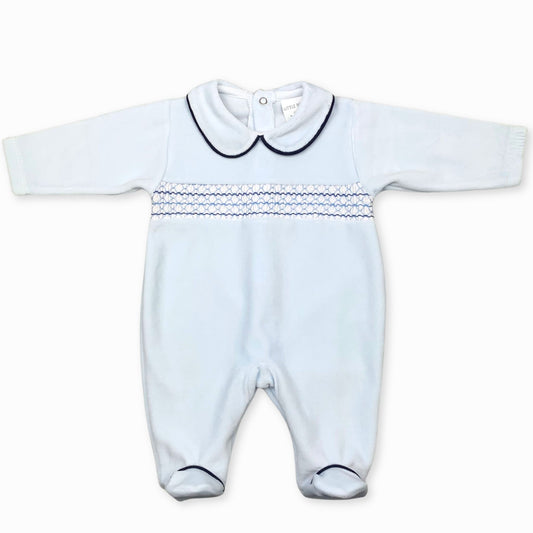 baby boy blue velour sleepsuit with smocking