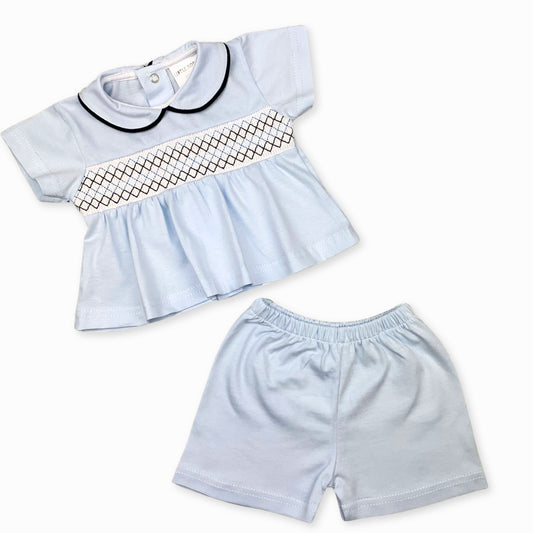 baby boy 2 piece blue outfit with smocking