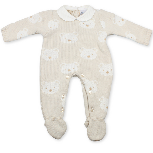Baby onesie with bear pattern on a white background