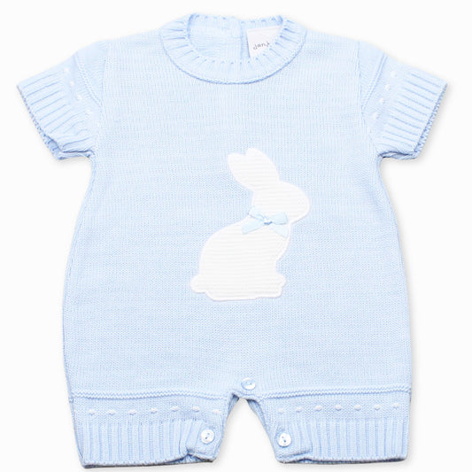 baby boys blue knitted romper with rabbit easter outfit