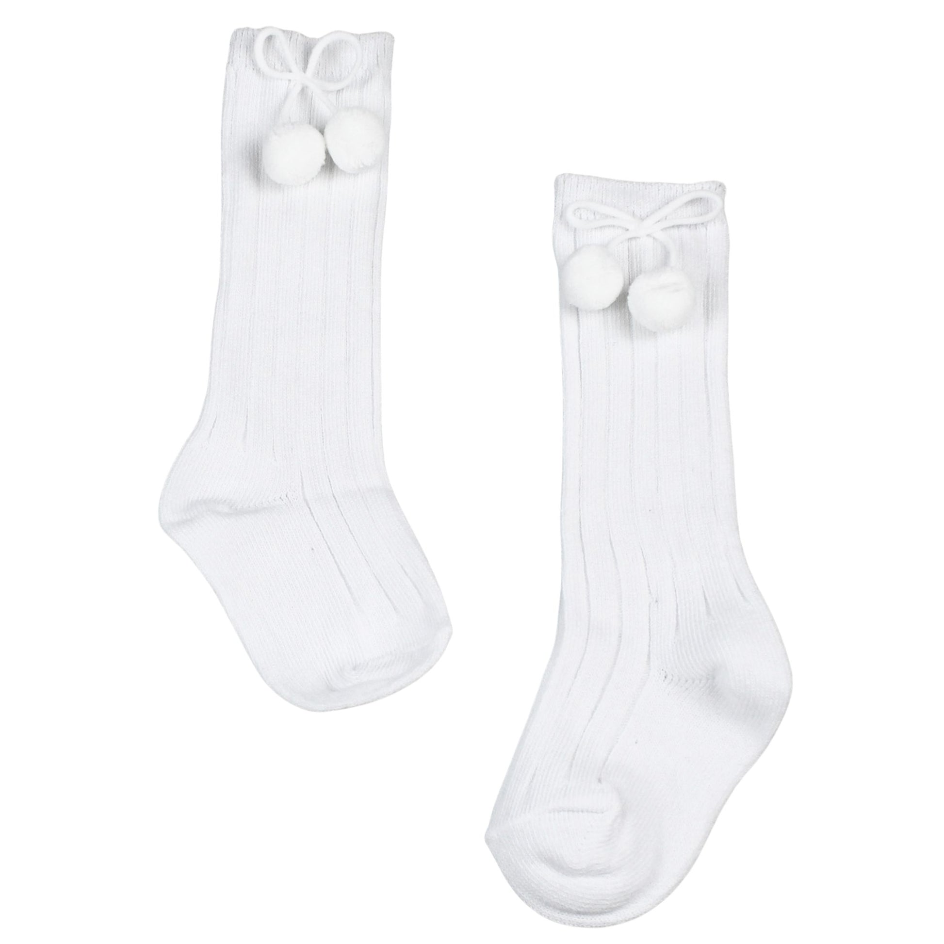 Pair of white socks with pom-poms on a white background