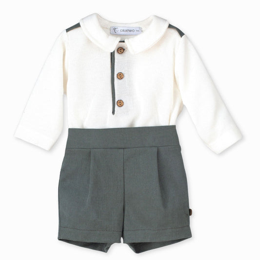 baby boys two piece outfit green shorts and white shirt