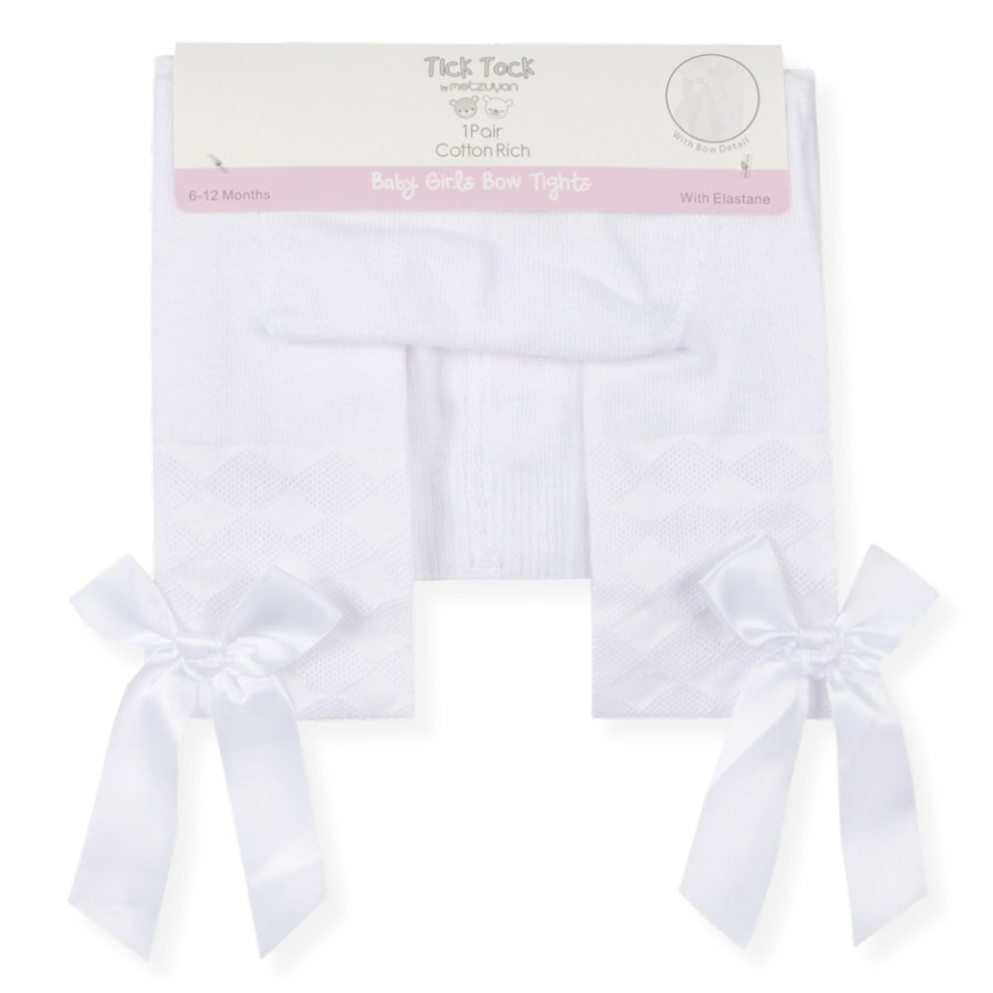 Pair of white baby socks with bows on a white background