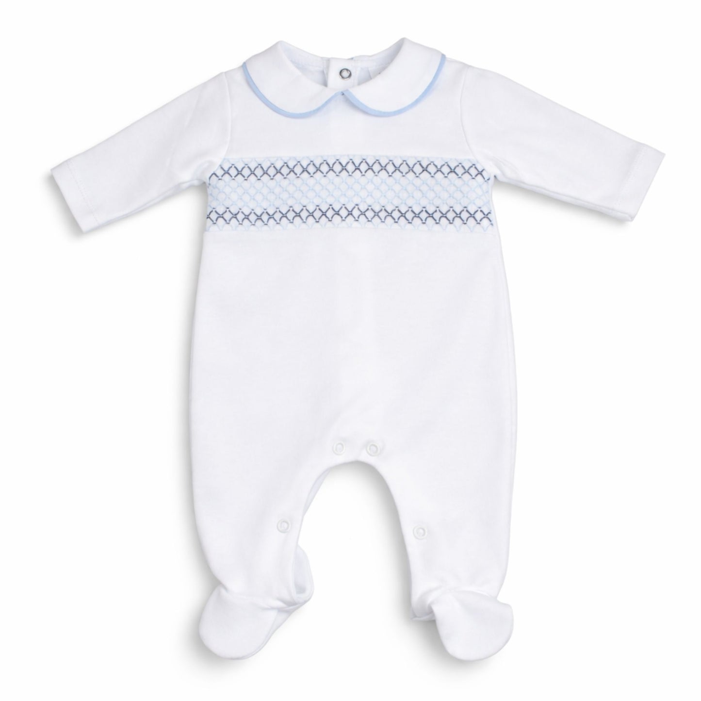 White baby onesie with blue embroidery on a white background