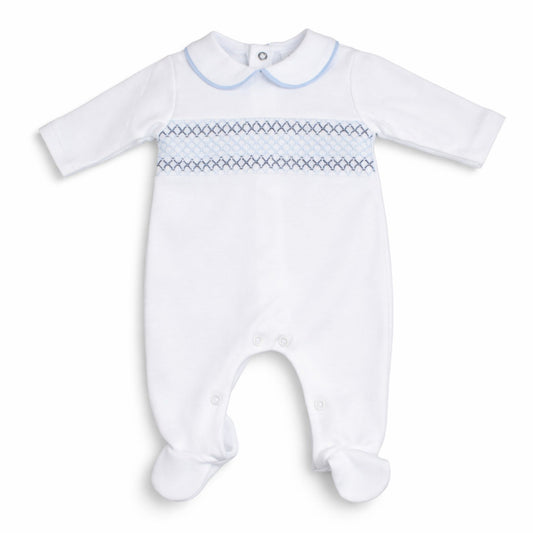 White baby onesie with blue embroidery on a white background