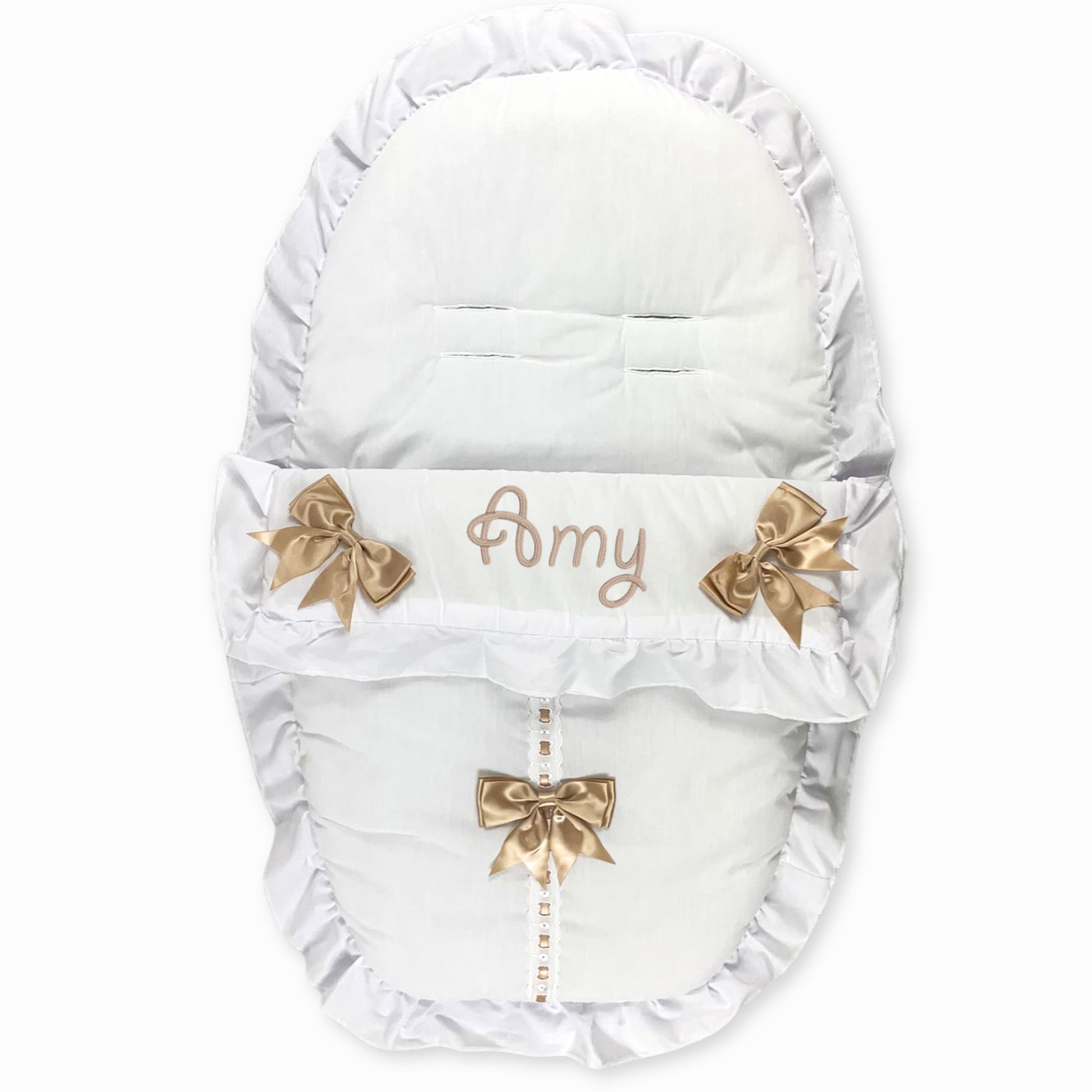 personalised white fotmuff with beige bows