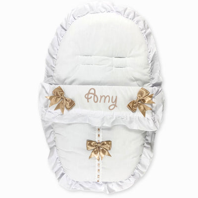 Personalised White Car Seat Cosy Toes / Footmuff with Beige Bows