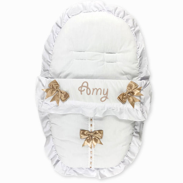 personalised white fotmuff with beige bows