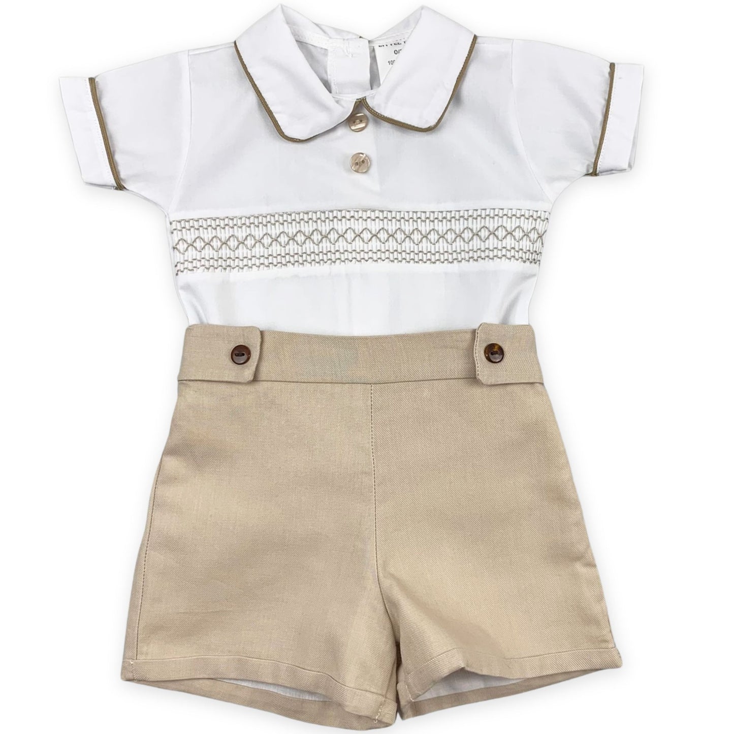 baby boys beige shorts and smocked shirt