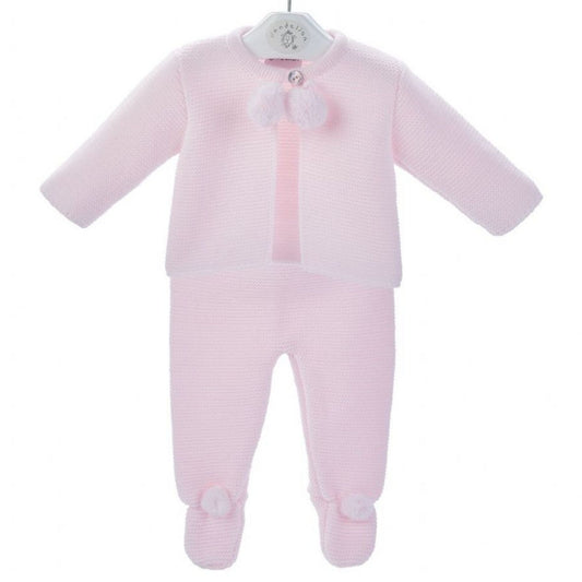 Pink baby two piece pram suit with a pom poms on a white background