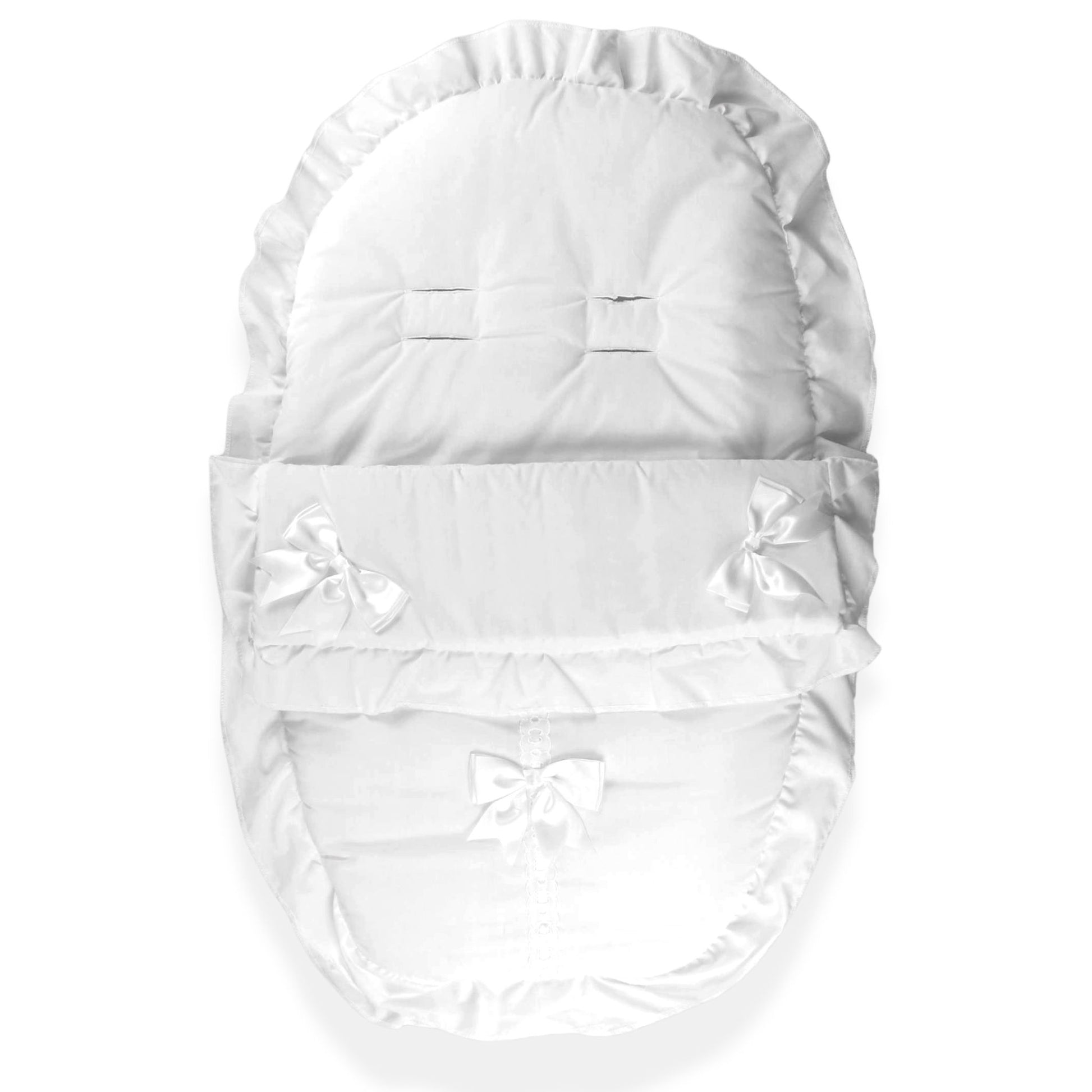 White baby footmuff with bow details on a white background
