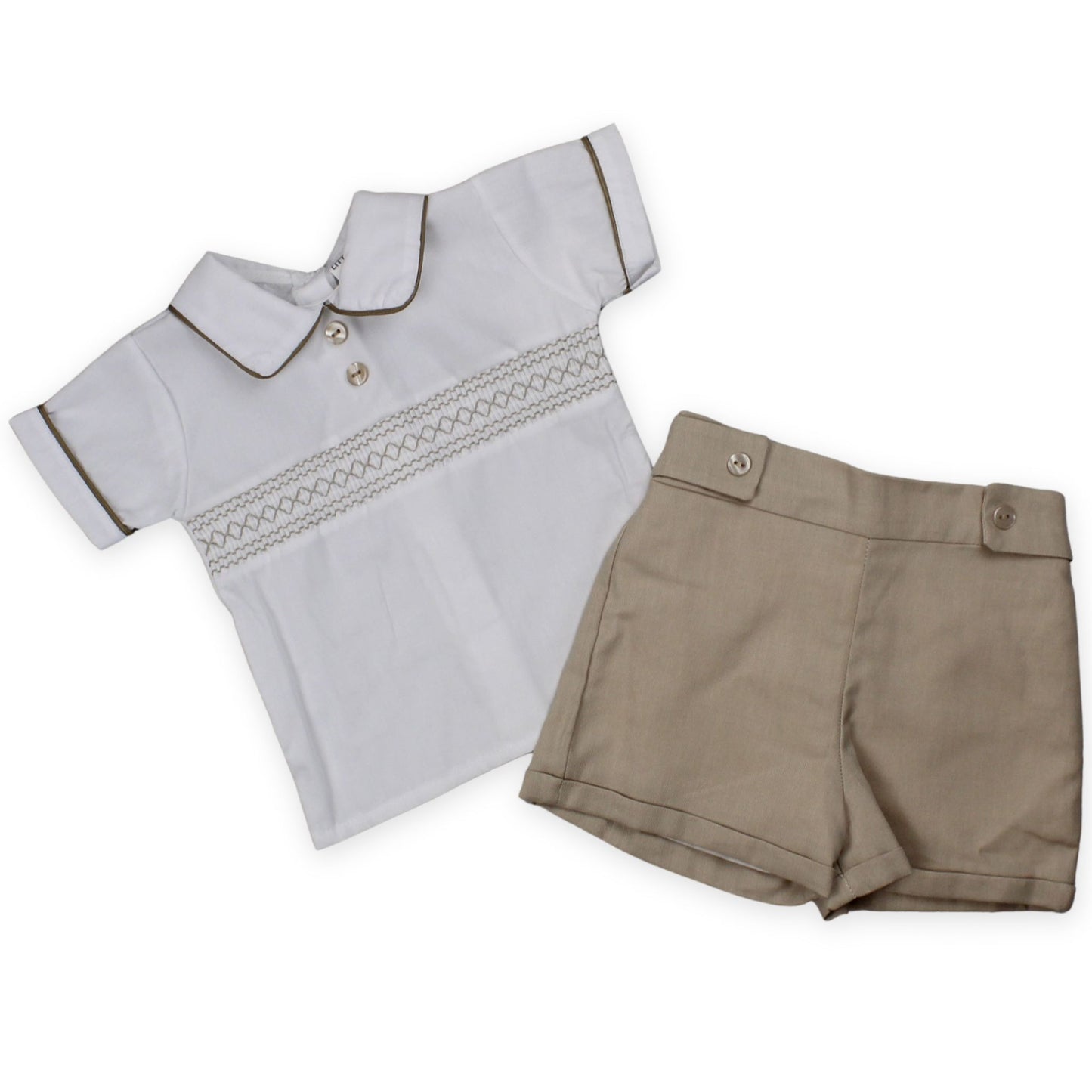 baby boys beige shorts and smocked shirt