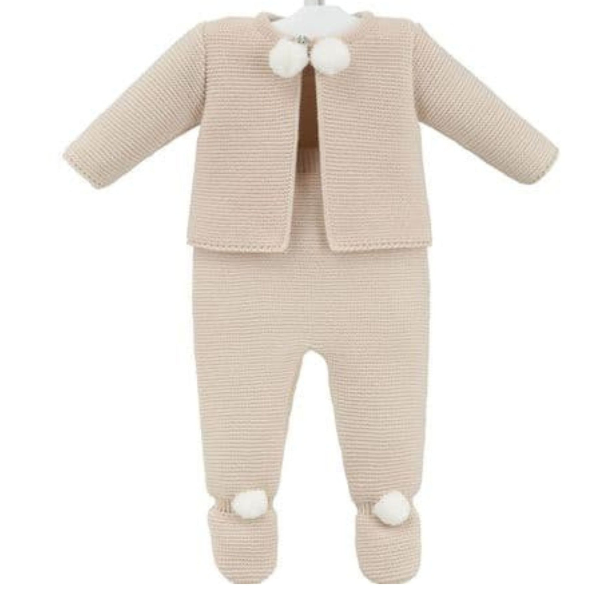 Beige baby outfit with jacket and pants on a white background