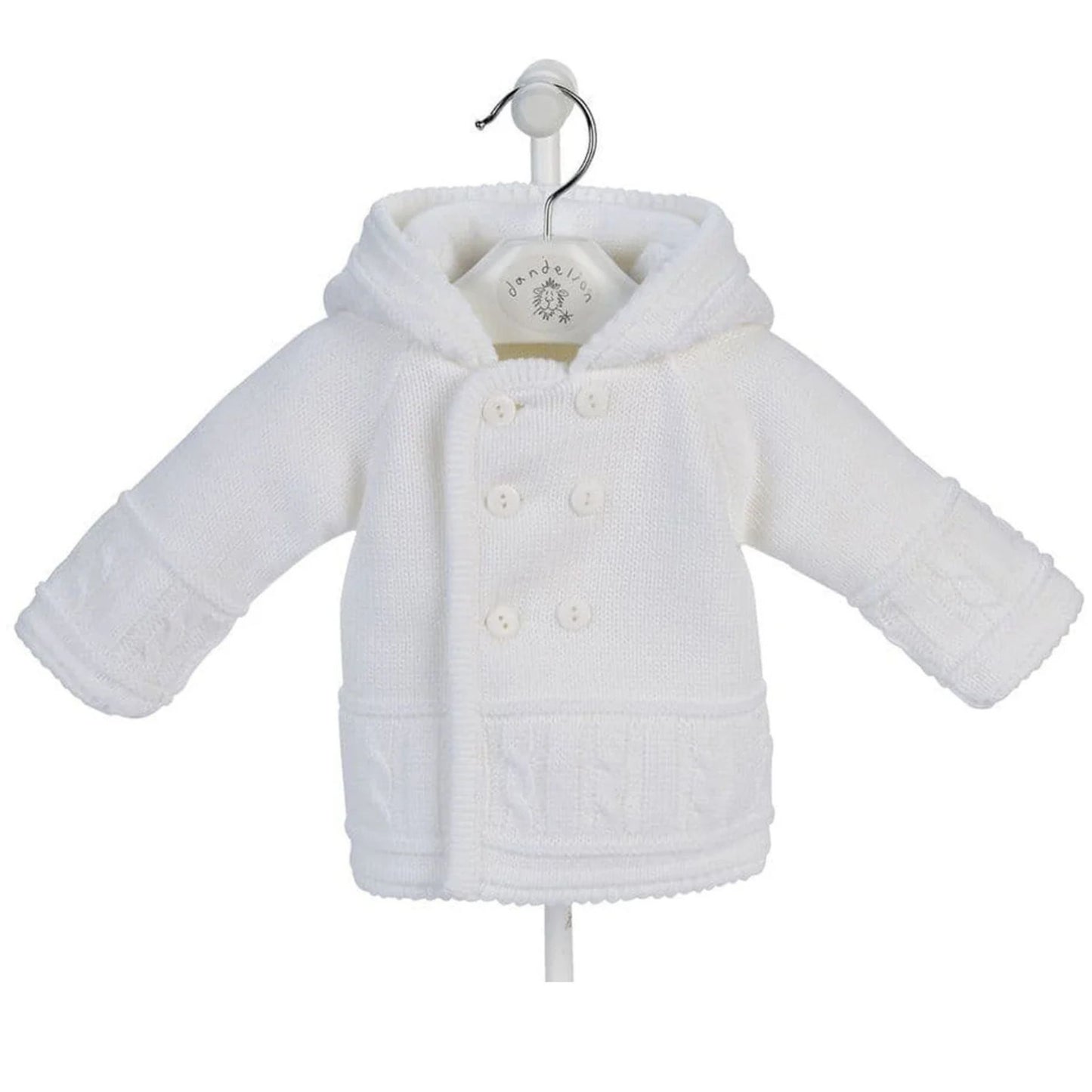 White baby jacket with a hood on a white background