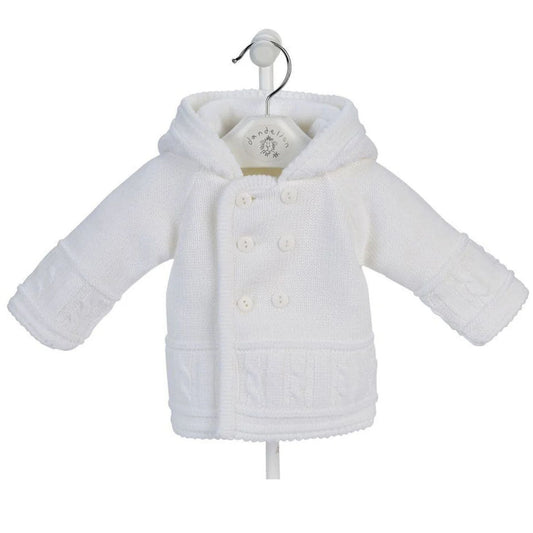 White baby jacket with a hood on a white background