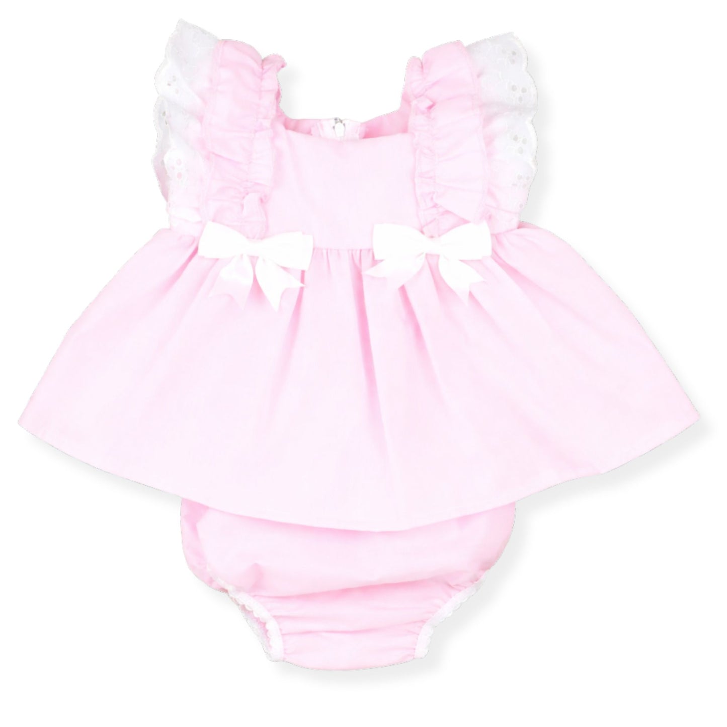 Pink baby romper with ruffled sleeves on a white background