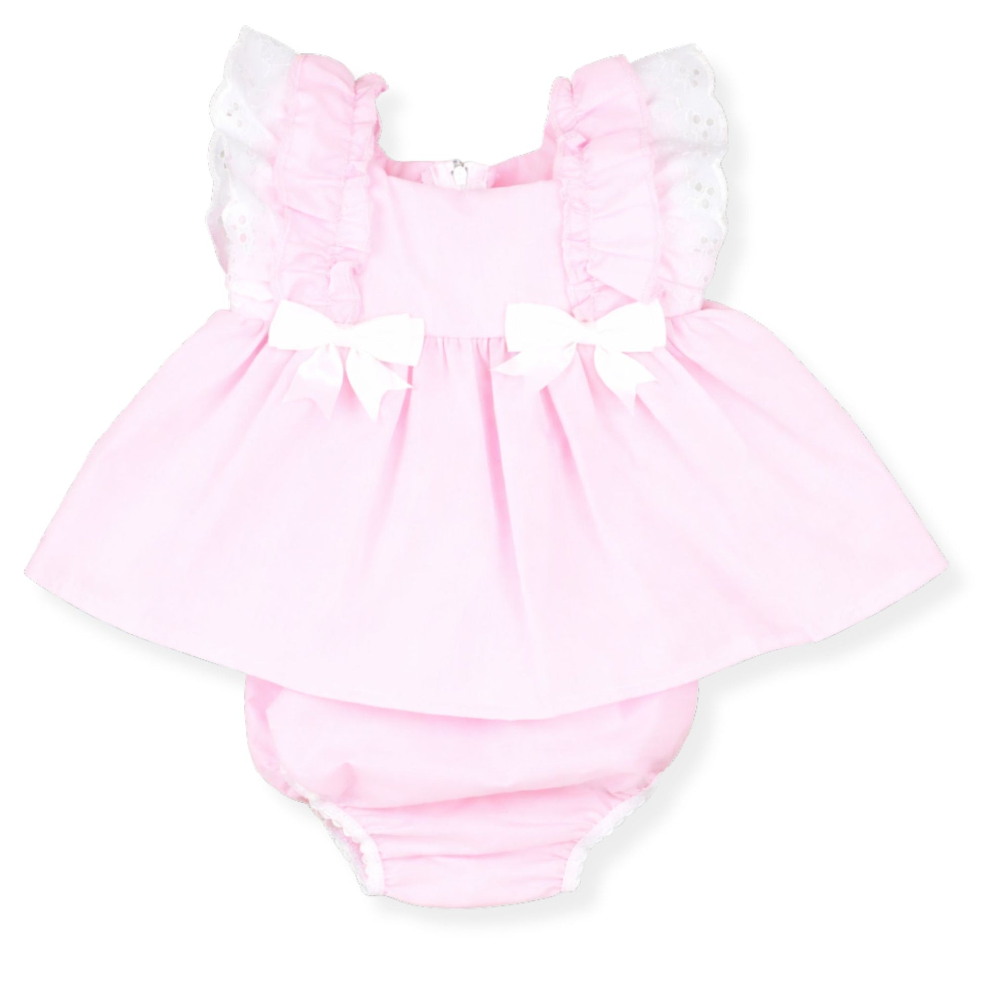 Pink baby romper with ruffled sleeves on a white background