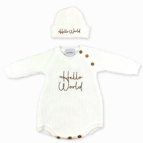 Newborn White Knitted "Hello World" Romper & Hat Set – Dandelion