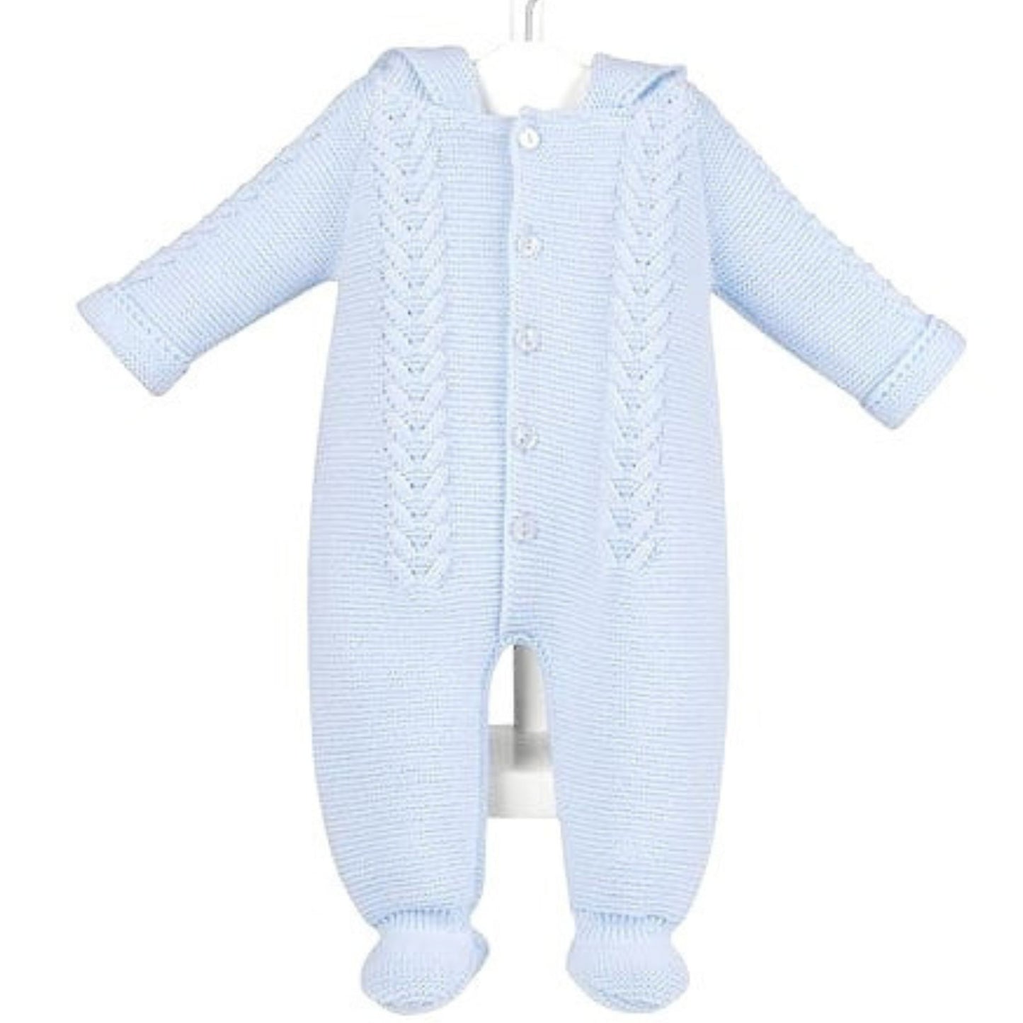 Boys Blue Knitted Baby All In One Pramsuit- With Hood