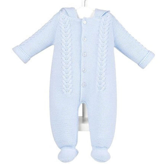 Boys Blue Knitted Baby All In One Pramsuit- With Hood