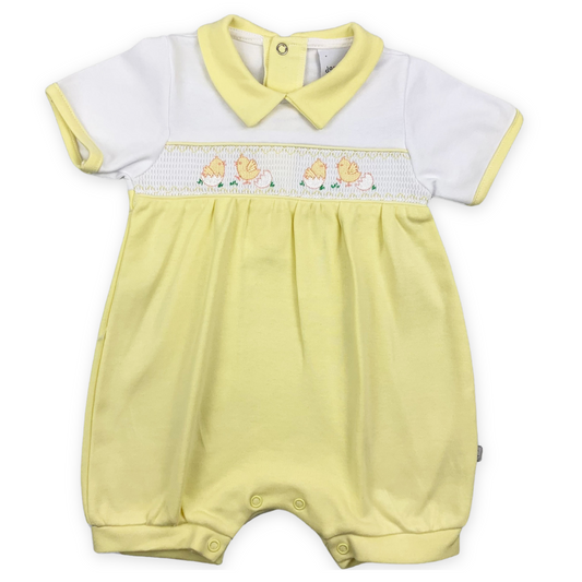baby Easter romper, unisex baby outfit, smocked romper, embroidered baby clothes, yellow and white romper, baby spring outfit,