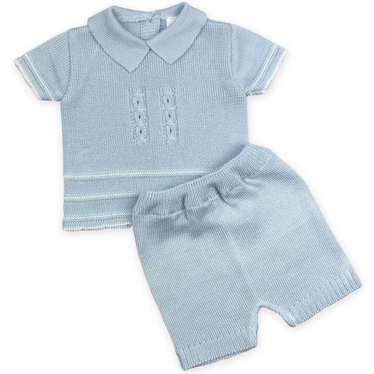 baby boys blue knitted two piece summer outfit