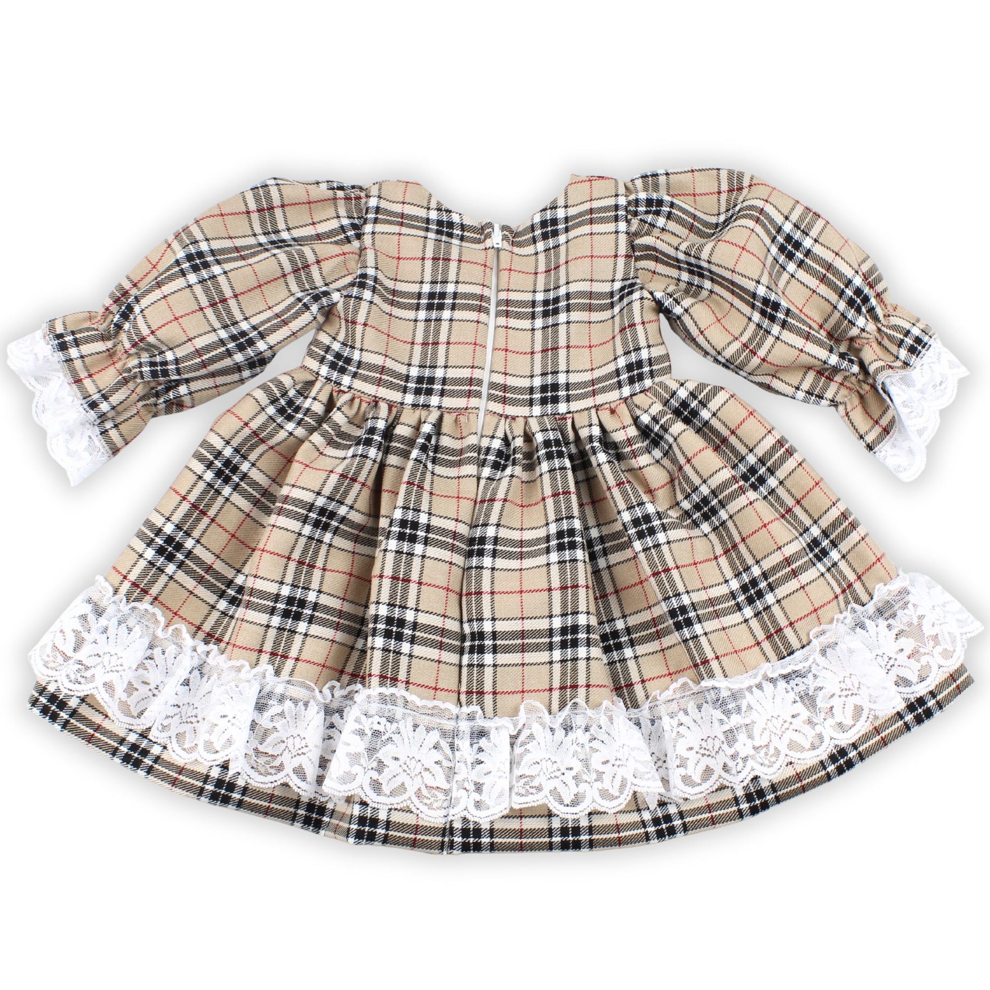 Plaid dress with lace trim on a white background