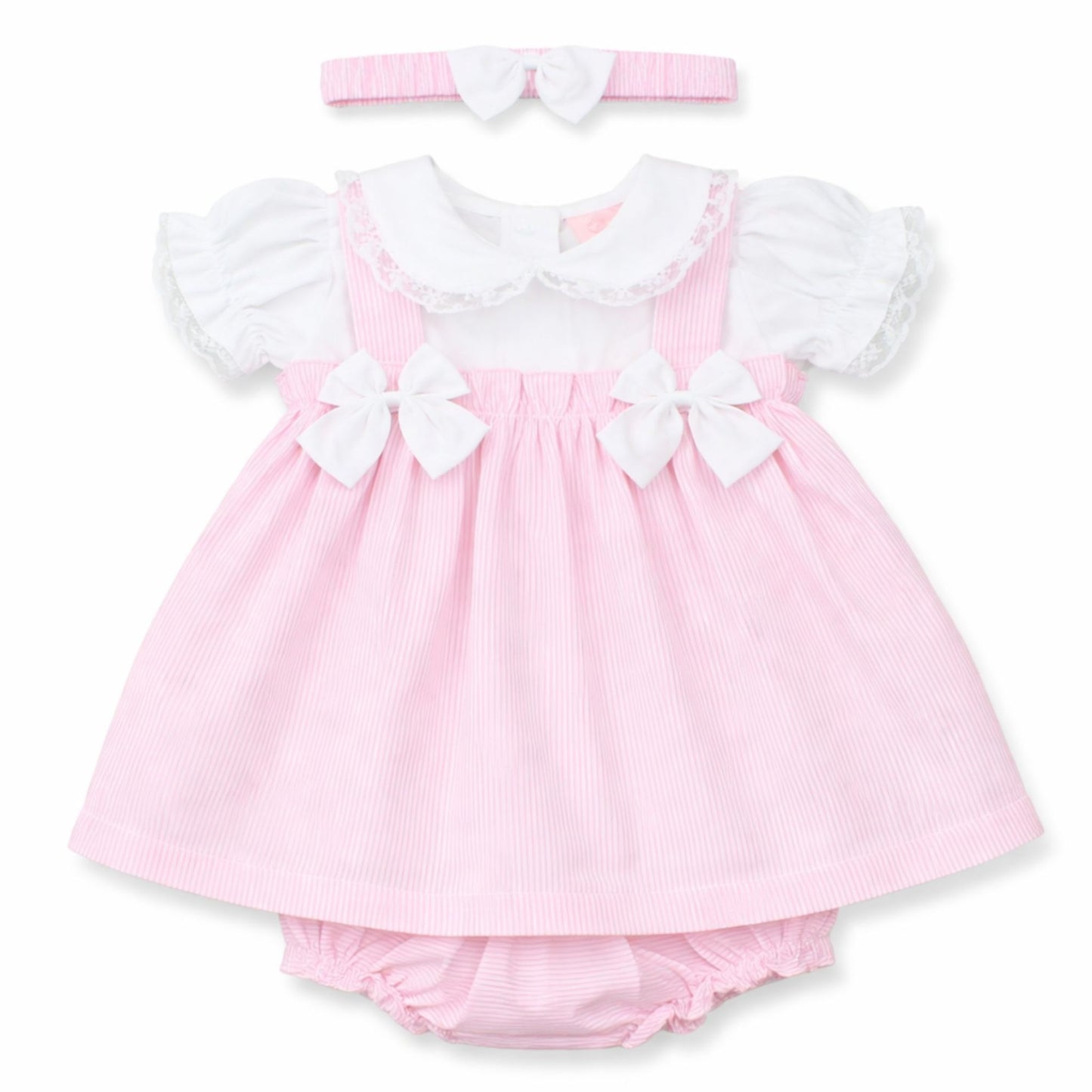 Baby Girls Pink Stripe Dress Set with Collar, Bloomers & Headband