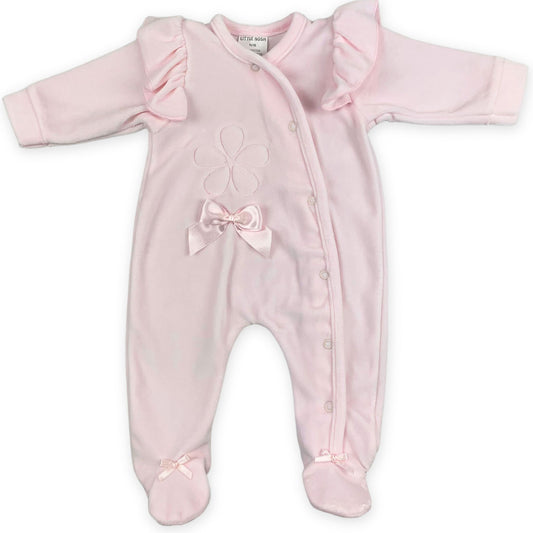 Baby girls pink velour sleepsuit with bow and flower embroidery