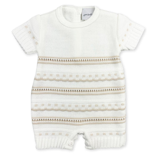 Unisex White Knitted Romper with Beige Stripes