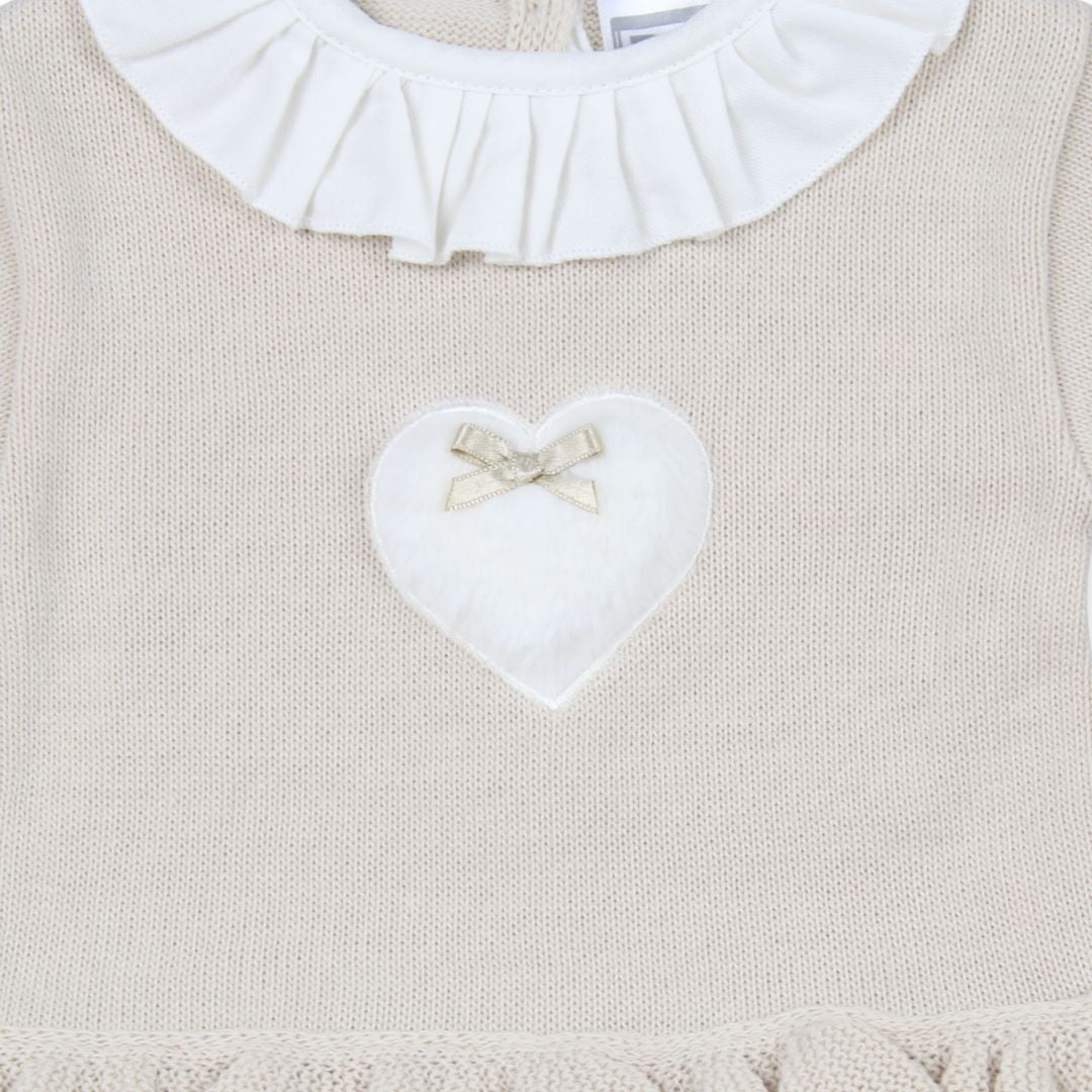 PEX Baby Girls Beige Knitted Romper with Heart Appliqué & Ruffle Trim
